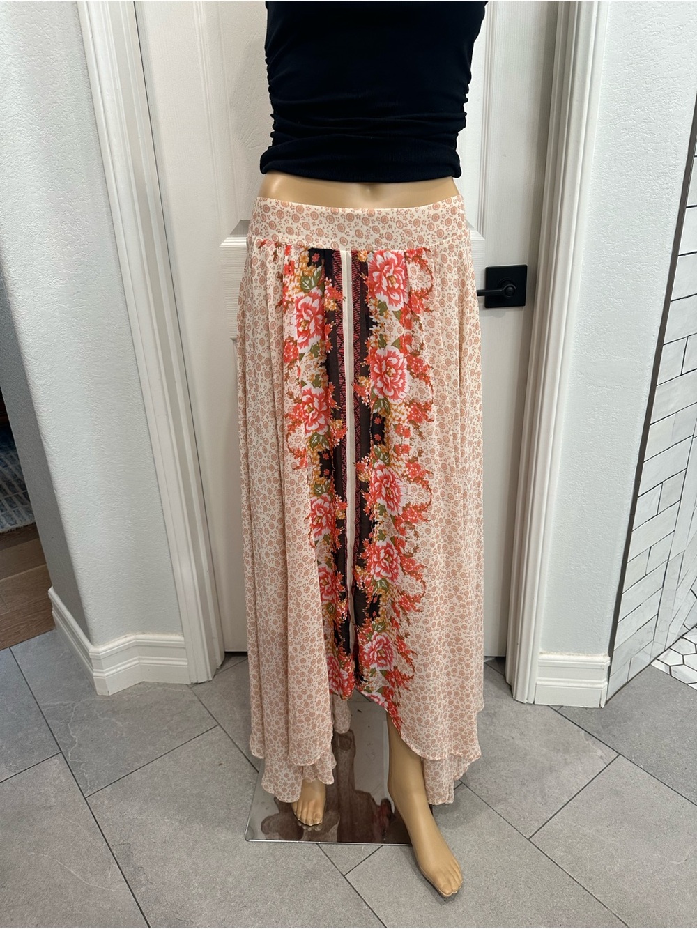 Free People Peach Floral High-Low Maxi Skirt with Coral Accents